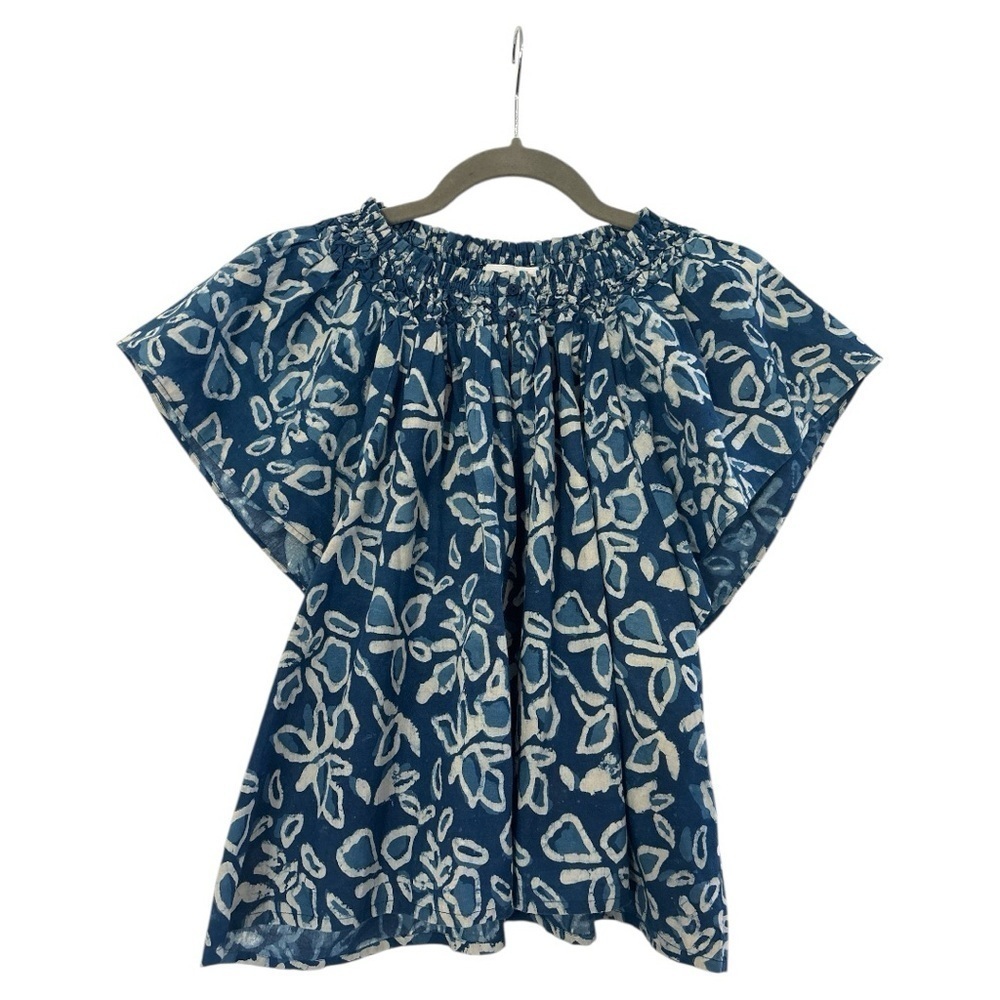 Apiece Apart Patricia Flutter Sleeve Floras Dabu Indigo Blouse Size Small - Picture 2 of 9